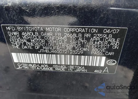 2007 Lexus Es 350 from USA, damaged, VIN JTHBJ46G072123229